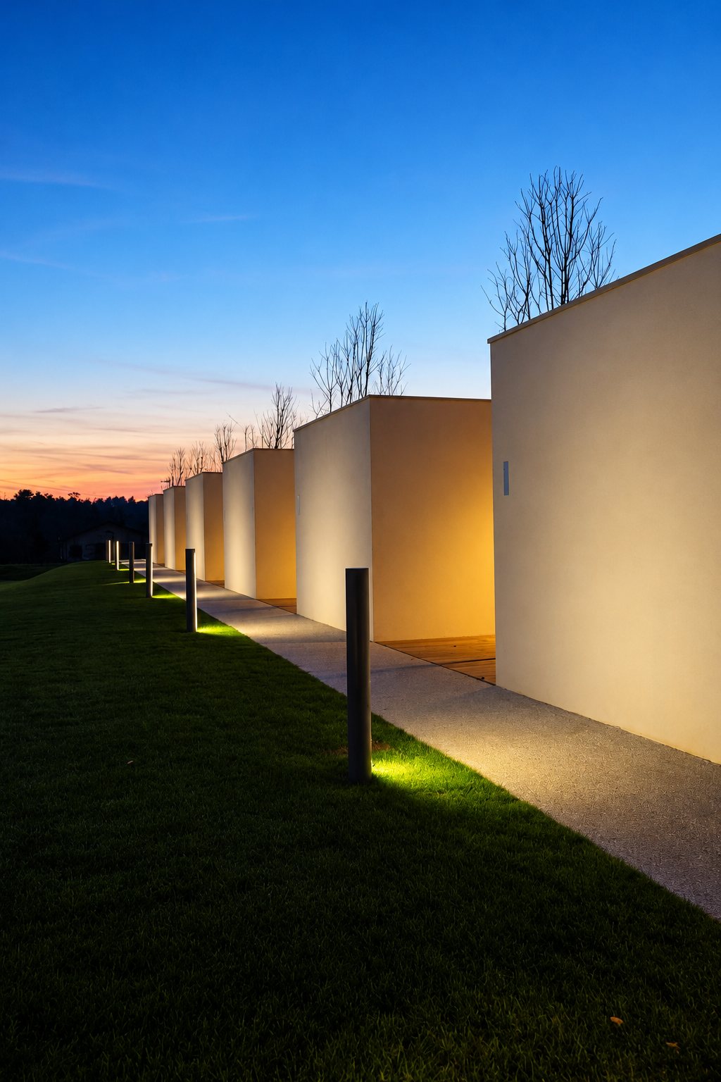 Une rangée de pavillons modernes aux murs clairs, éclairés à la tombée de la nuit, longe une allée bordée de bornes lumineuses et de pelouse.