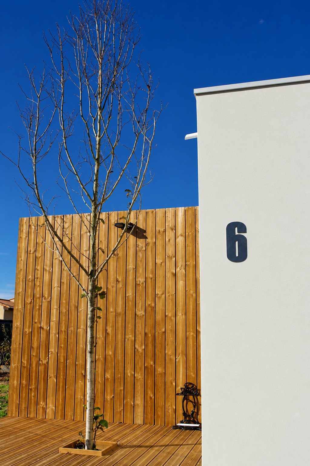 Une terrasse en bois entourée d'une clôture en lames de bois, avec un jeune arbre et un mur blanc portant le numéro 6, sous un ciel bleu.